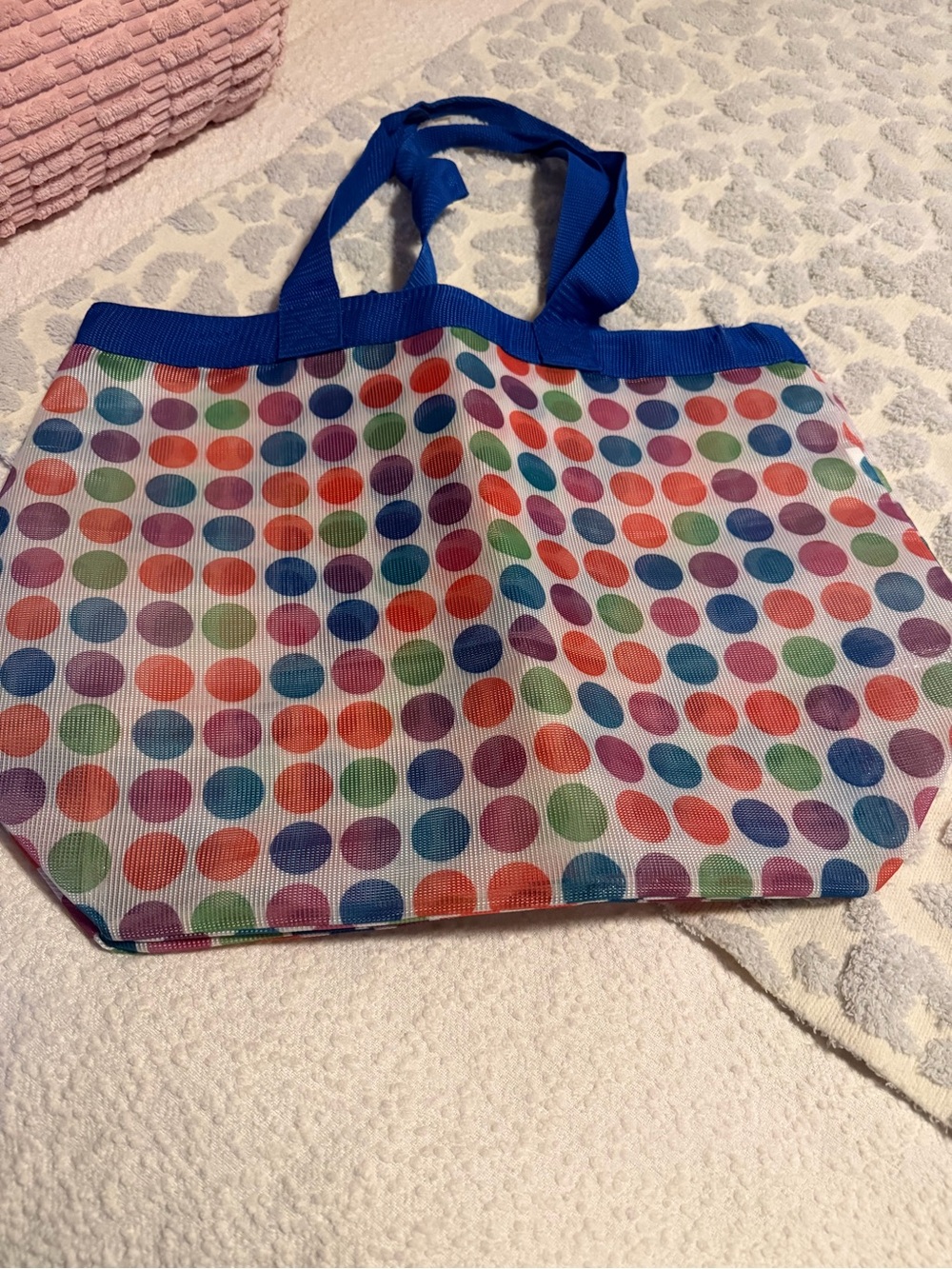 Colorful Polka Dot Tote Bag with Blue Handles